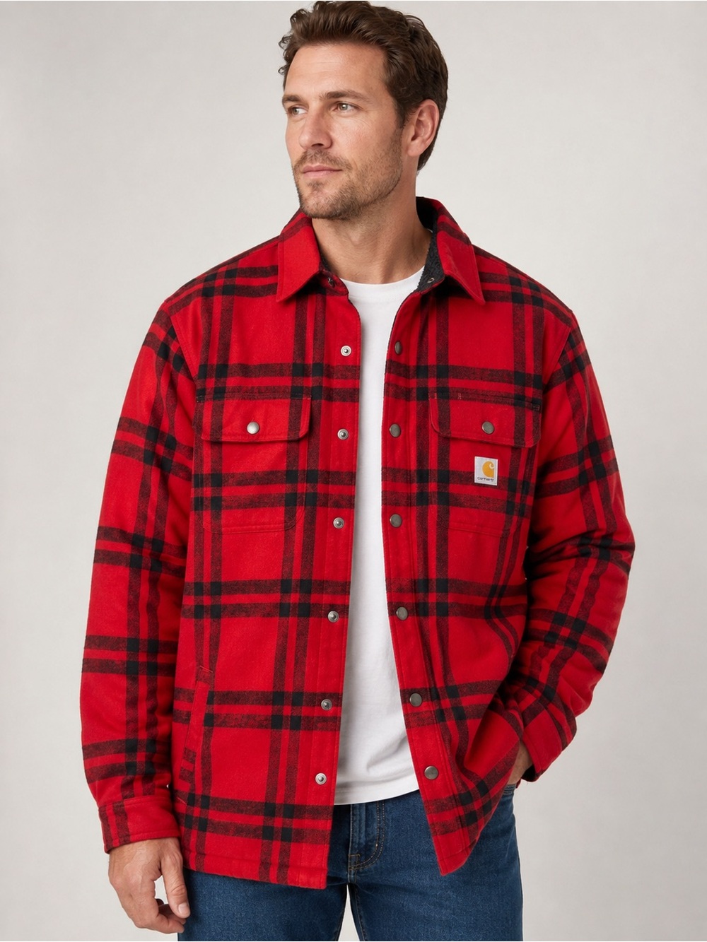 NWT Carhartt Sherpa Lined Plaid Shirt Jac Jacket Red Black Buffalo Plaid M